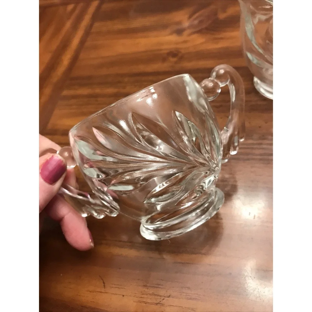 Clear Glass deep cut leaf sugar creamer‎ vintage drape handles